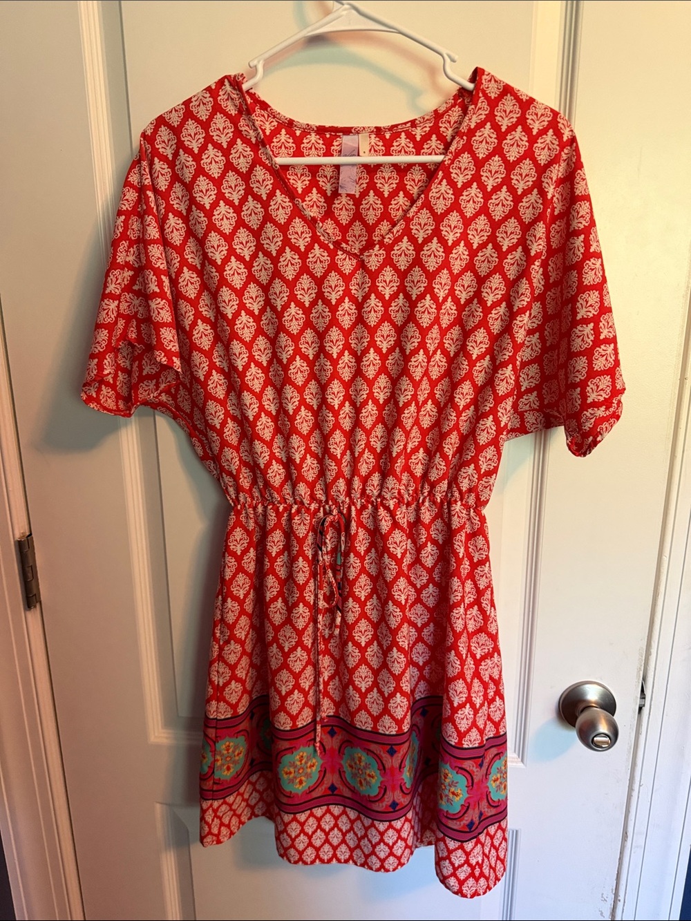 Alya Boho Medallion Mini Dress Orange Red White DamaskTeal Border Hem Drawstring